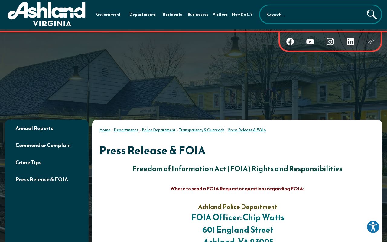 Ashland Police records and FOIA request page