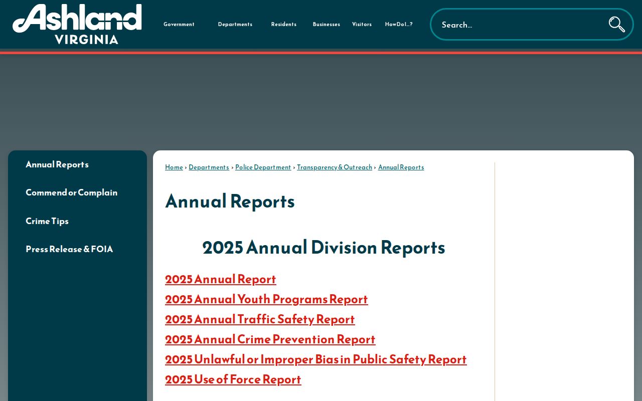 Ashland Police annual reports archive for crime and transparency records