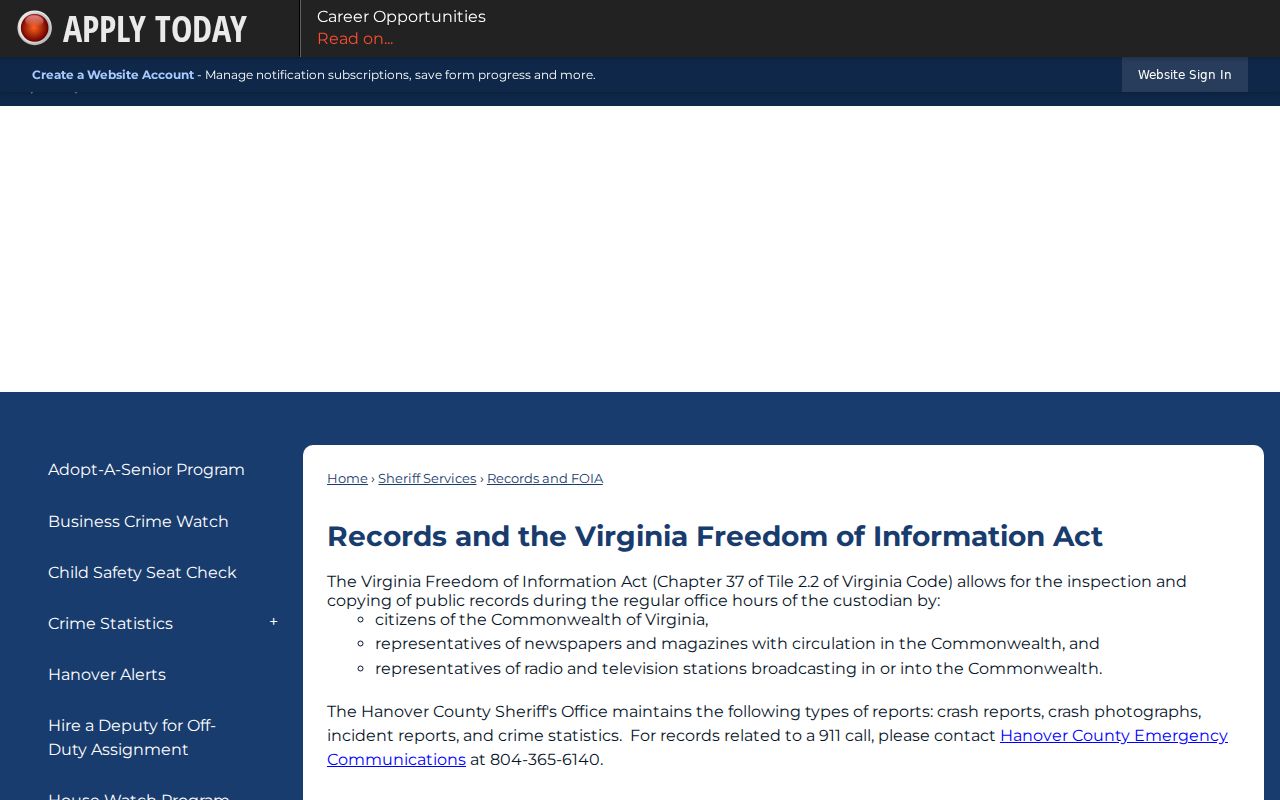 Hanover County Sheriff's Office Records and FOIA page