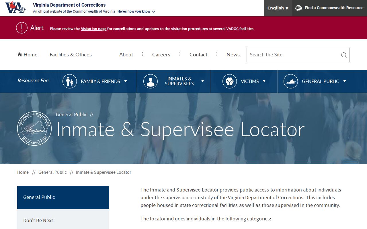 Virginia Department of Corrections inmate and supervisee locator fields