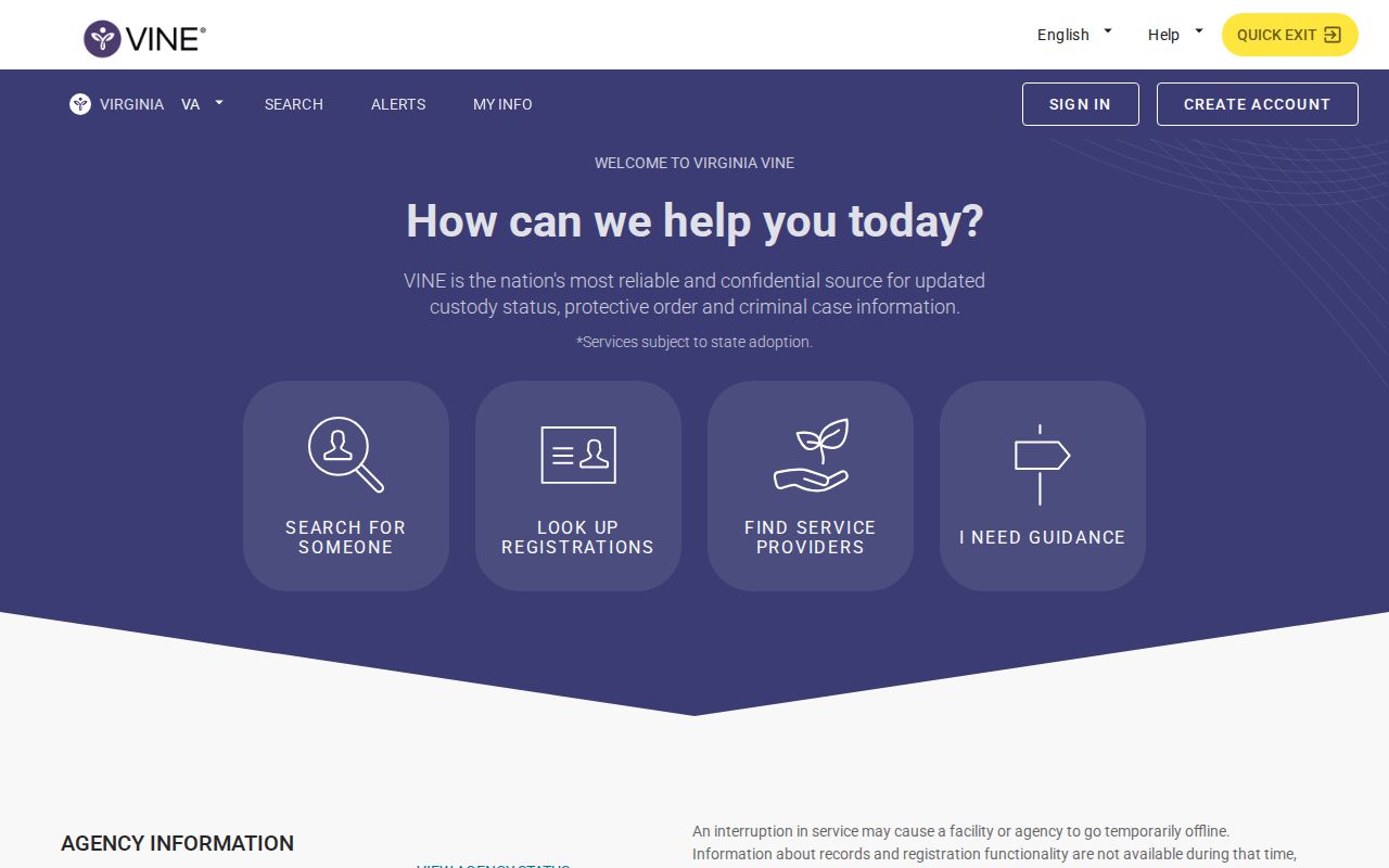 Virginia VINE custody search and notification interface