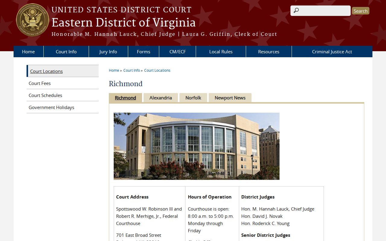 Eastern District of Virginia Richmond Division courthouse page