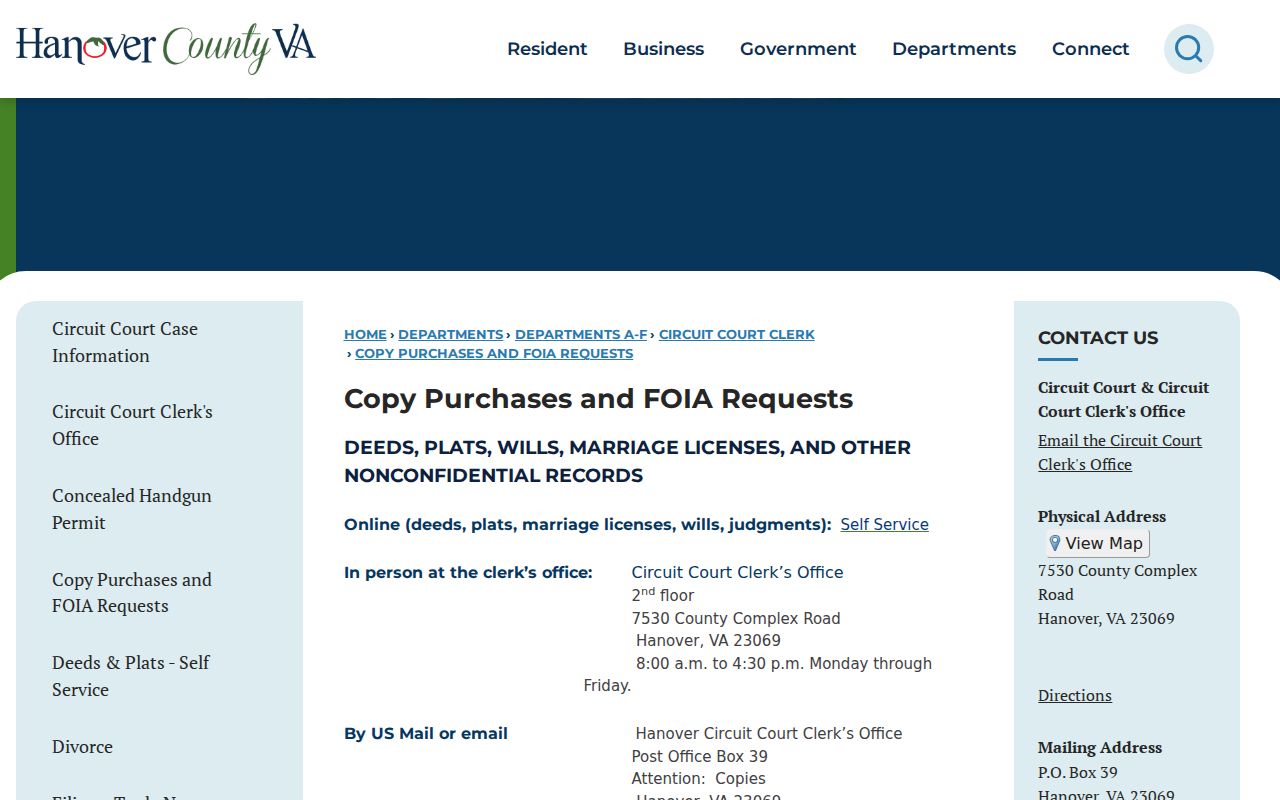 Hanover Circuit Court Clerk copy purchases and records request page