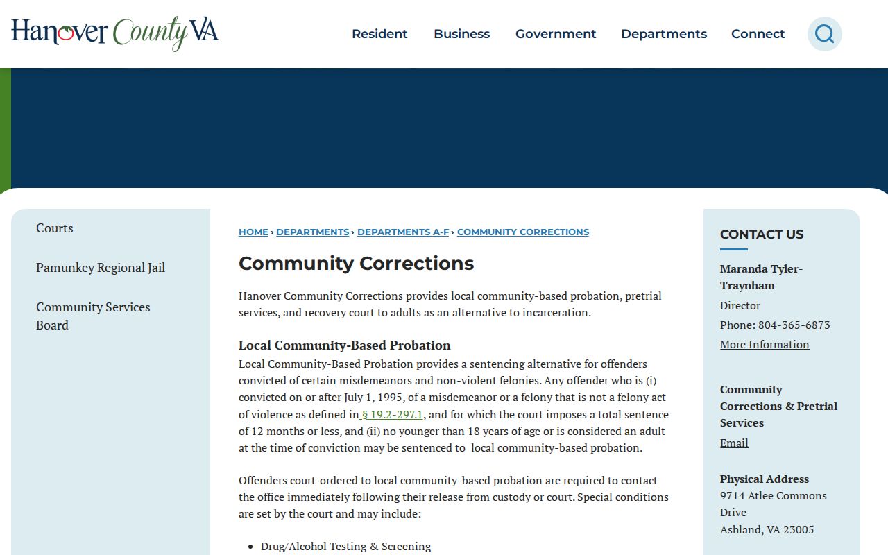 Hanover County criminal supervision records and Recovery Court