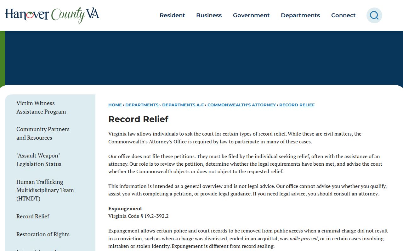 Hanover County criminal record expungement and sealing guidance
