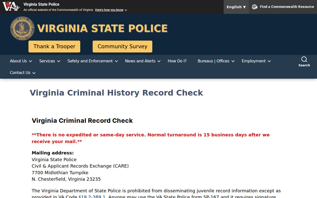 Hanover County criminal history Virginia State Police check options